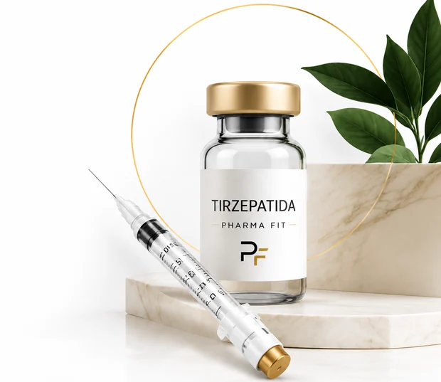 Frasco de tirzepatida Pharma Fit ao lado de uma seringa